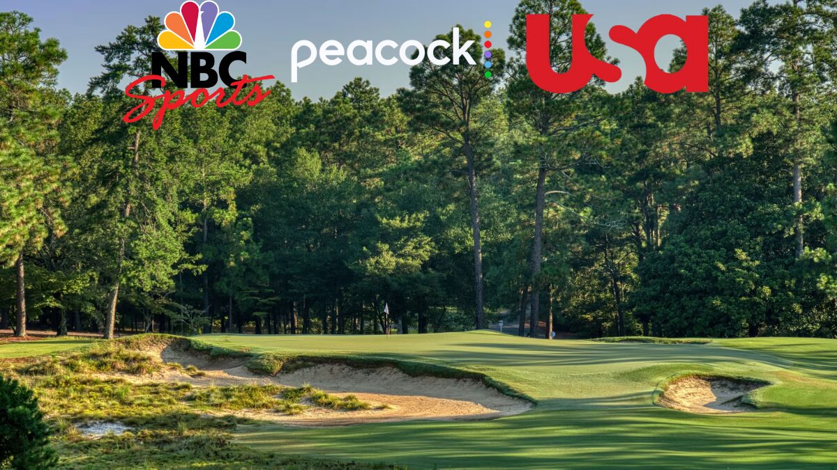 A photo from Pinehurts No. 2 and logos for NBC, Peacock and USA Network