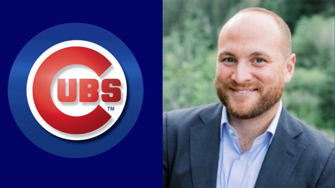 Logo of the Chicago Cubs and a photo of Alex Cohen