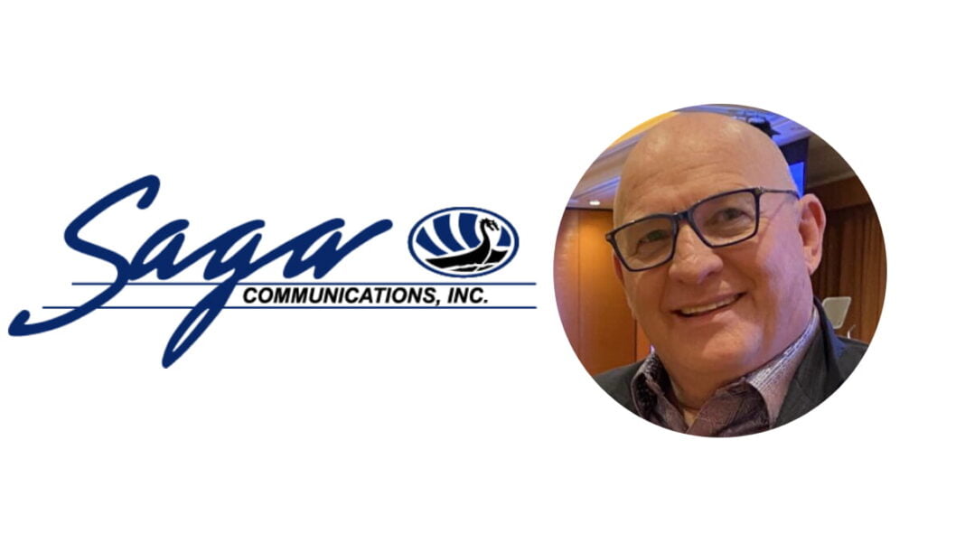 A photo of Chris Forgy and the Saga Communications logo