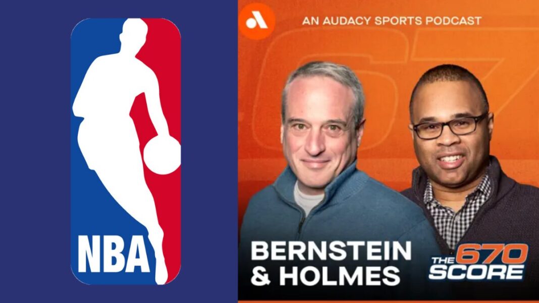 Logo for the NBA and a graphic for Bernstein & Holmes on 670 The Score