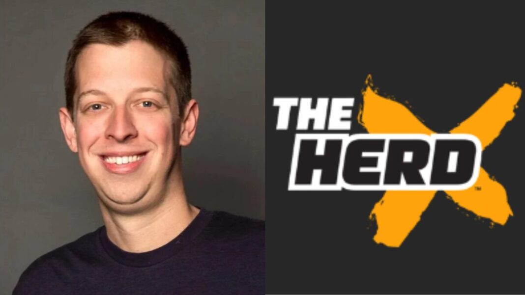 Photo of Danny Parkins and a logo for The Herd with Colin Cowherd