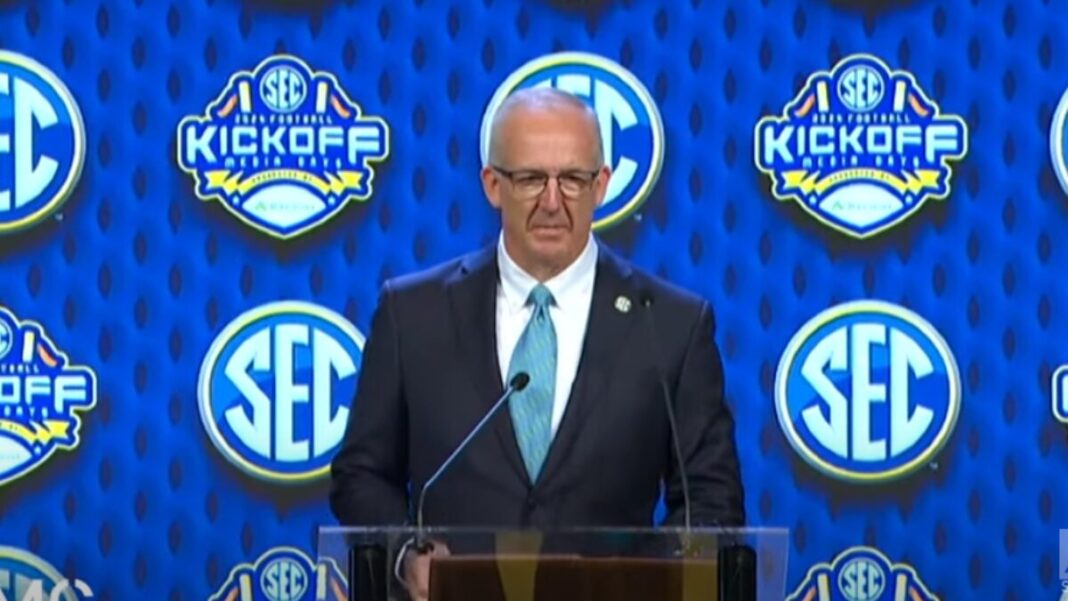 Screengrab of SEC Commissioner Greg Sankey from SEC Media Days 2024