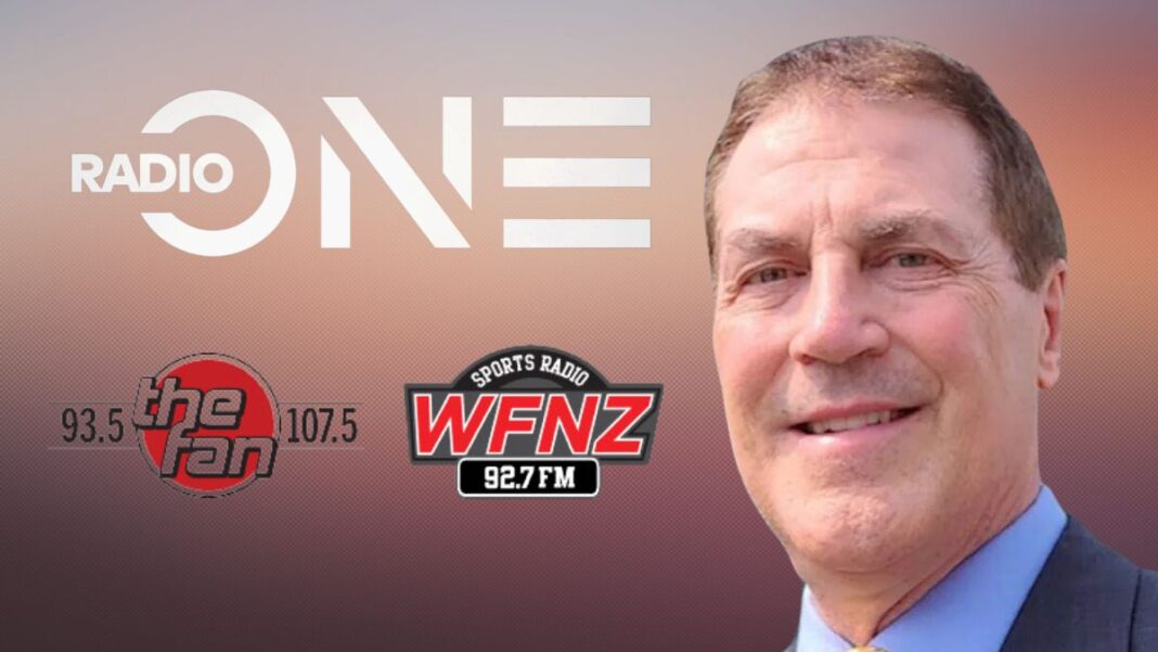 Logos for Radio One, WFNZ and 107.5 The Fan and a photo of Jeff Rickard