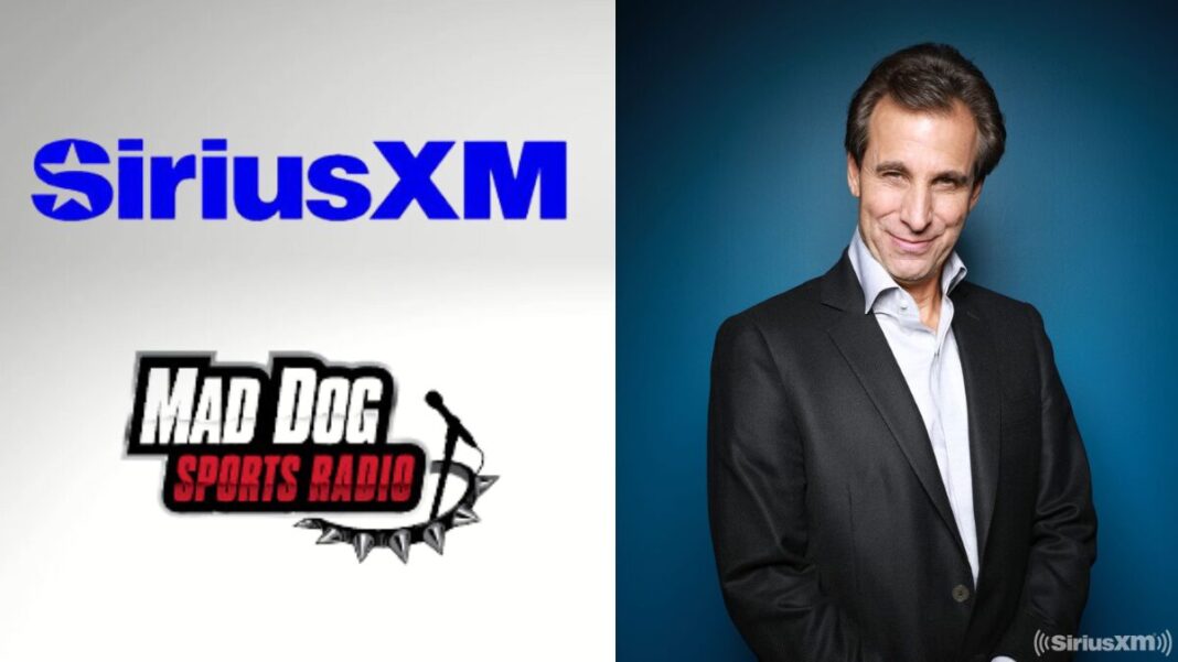 Logos for SiriusXM and Mad Dog Sports Radio and a picture of Christopher 'Mad Dog' Russo