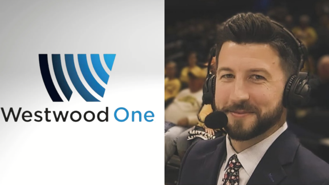 Logo for Westwood One and a photo of Nate Gatter