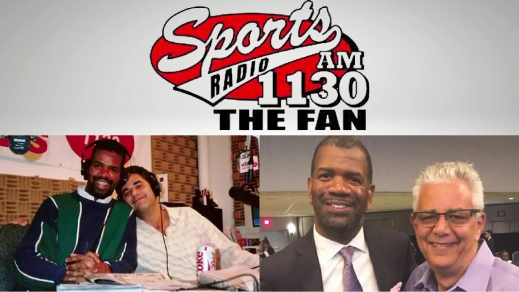 Old logo for Sports Radio 1130 The Fan in Detroit and photos of Rob Parker and Mike Stone