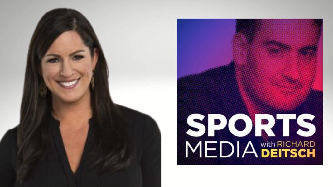 Photo of Sarah Spain and the logo for the Sports Media with Richard Deitsch podcast