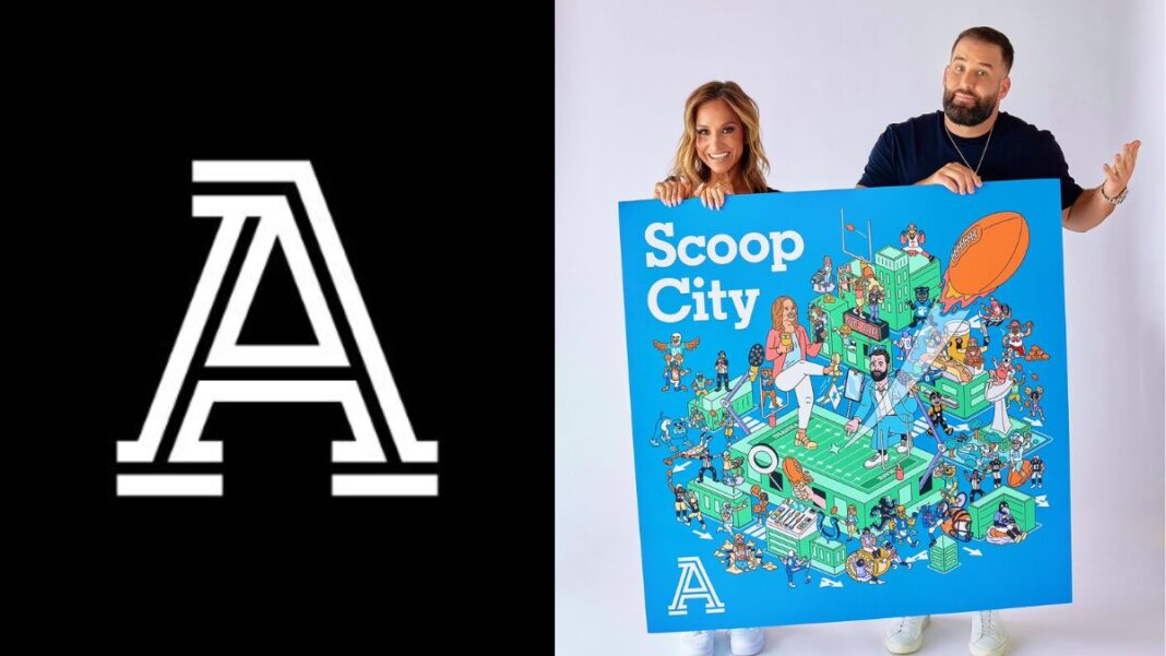 Logo for the Athletic and a picture of Scoop City hosts Chase Daniel and Dianna Russini