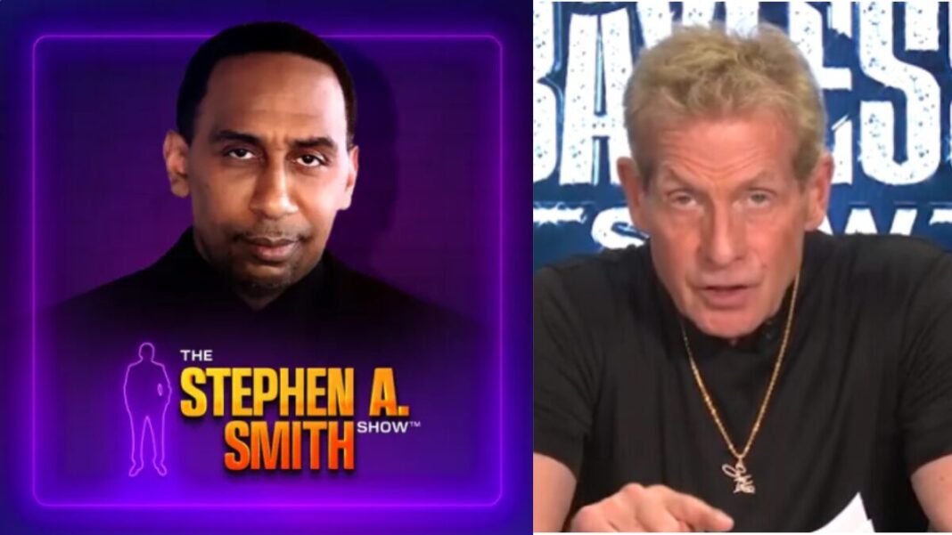 Graphic for The Stephen A. Smith Show and a screengrab of Skip Bayless