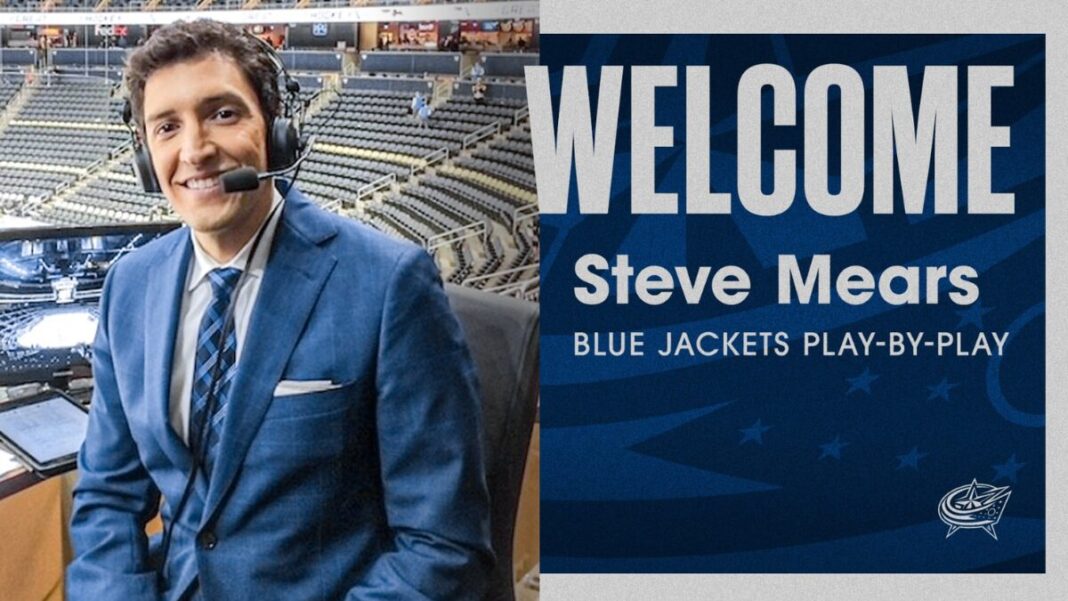 Graphic announcing Steve Mears as the new television play-by-play voice of the Columbus Blue Jackets