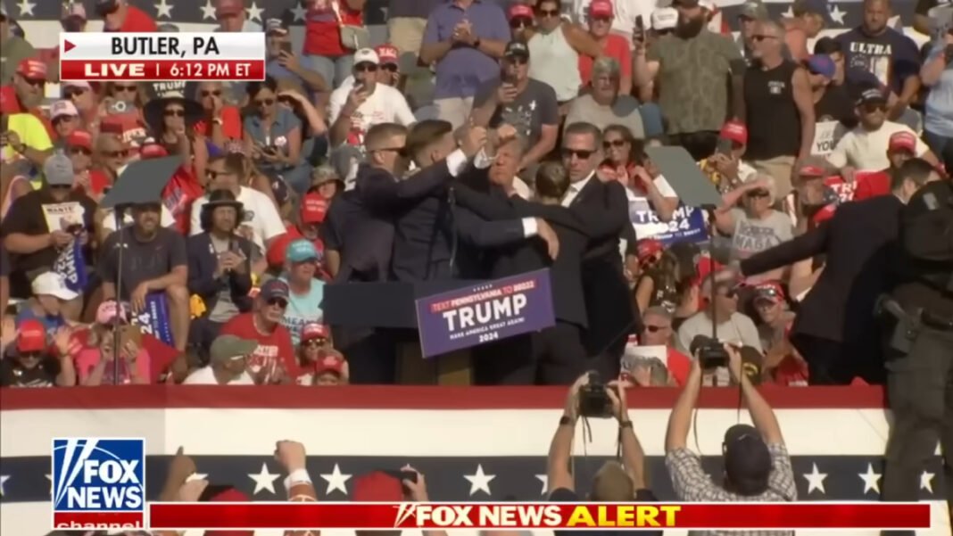 A photo of Donald Trump fist pumping to the crowd after being shot