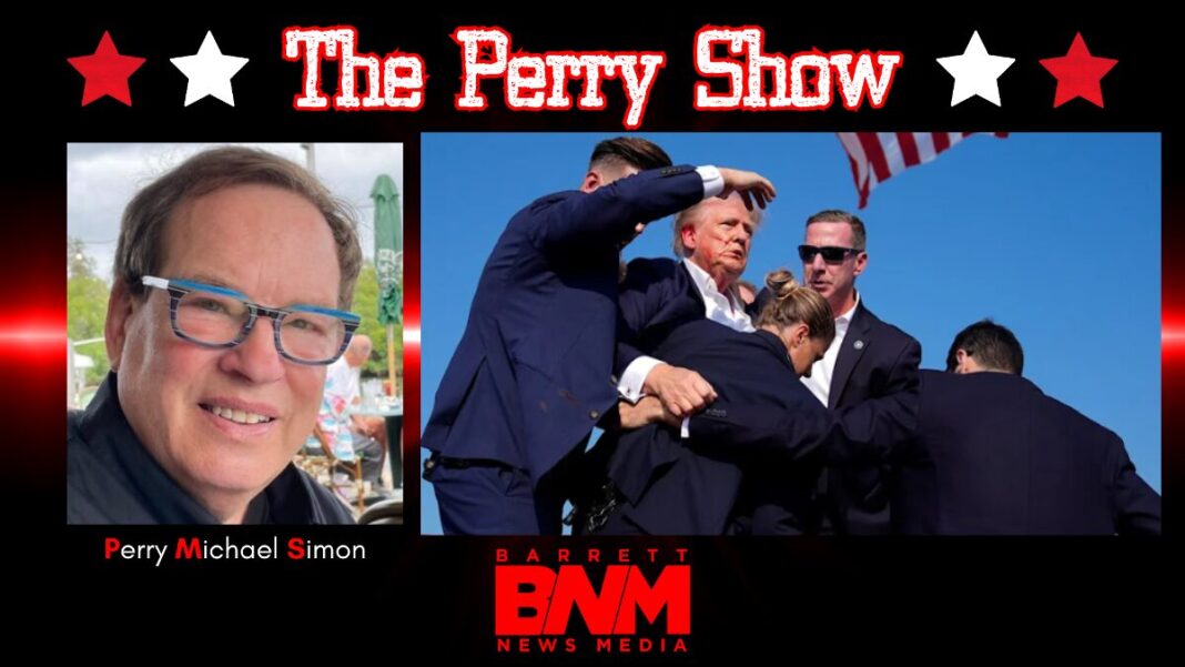 Graphic for The Perry Show column and a photo of Donald Trump surrounded by the Secret Service