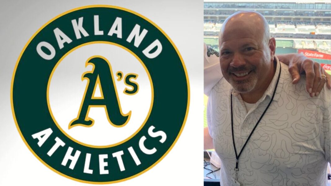 Logo for Oakland A's and a photo of Vince Cotroneo