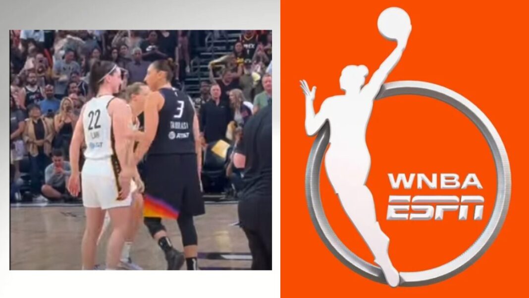 Logo for the WNBA and a screengrab of Caitlin Clark and Diana Taurasi