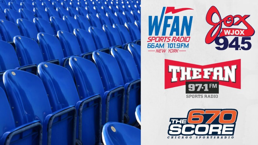 Photo of empty stadium seats and logos for WFAN, JOX 94.5, 97.1 The Fan and 670 The Score