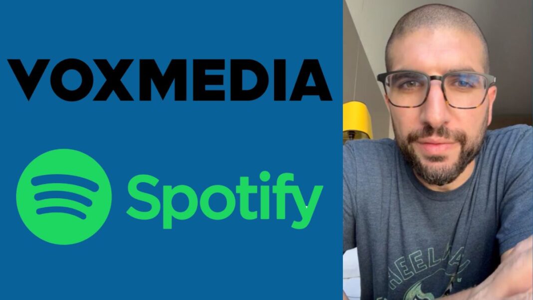 Logos for Vox Media and Spotify and a screengrab of Ariel Helwani