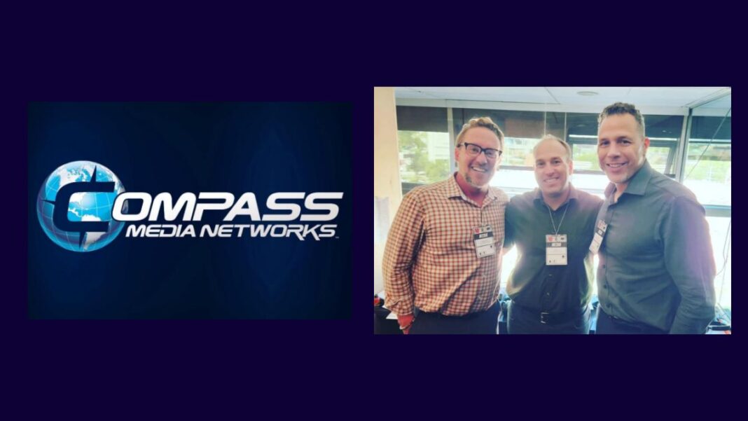 Logo for Compass Media and a photo of their broadcast team