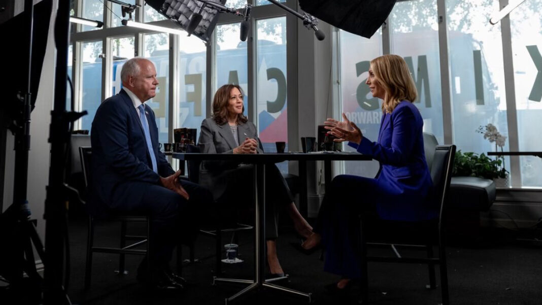 A photo of Dana Bash interviewing Tim Walz and Kamala Harris