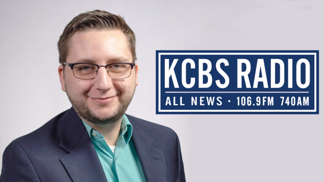 A photo of Dennis Foley and the KCBS All News Radio logo