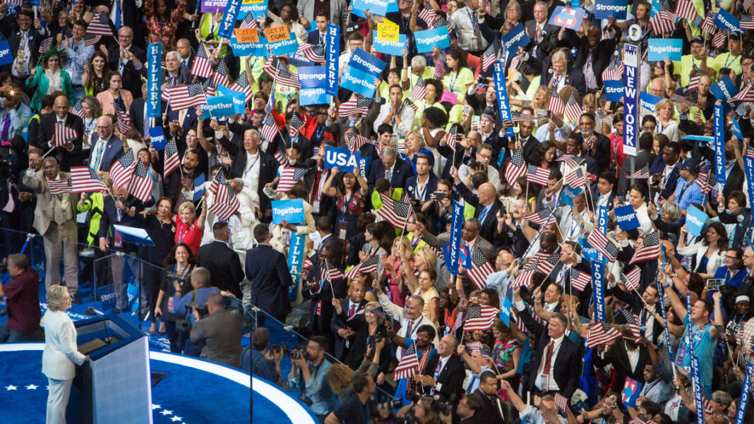 A photo of Hillary Clinton speaking at the Democratic National Convention