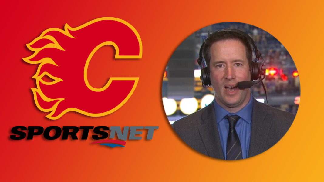 A photo of the Calgary Flames and Sportsnet logos with Jon Abbott