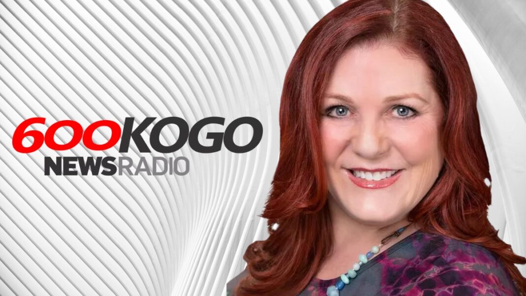 A photo of LaDona Harvey and the 600 KOGO logo