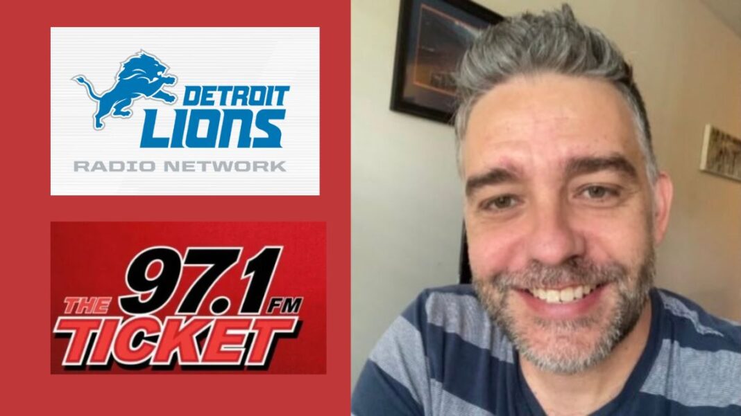 Logos for the Detroit Lions Radio Network and for 97.1 The Ticket along with a photo of Marc Ryan