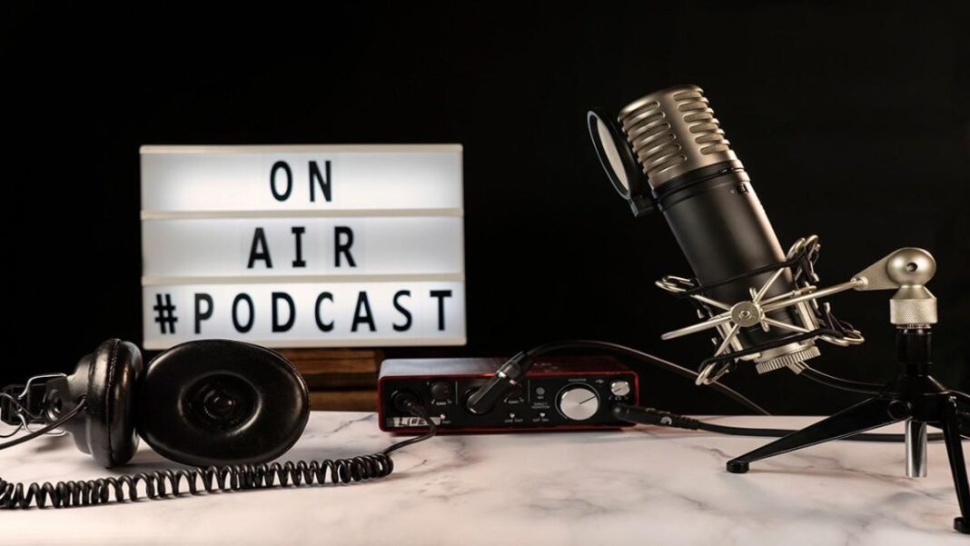 Graphic showing an on-air sign with the word PODCAST