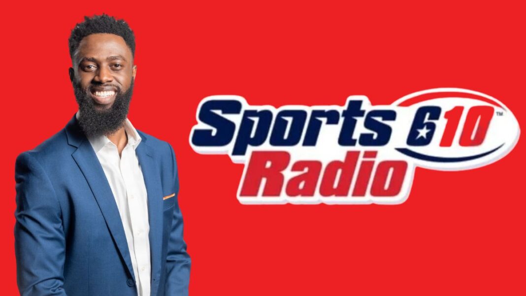 Photo of Reginald Adetula and a logo for SportsRadio 610