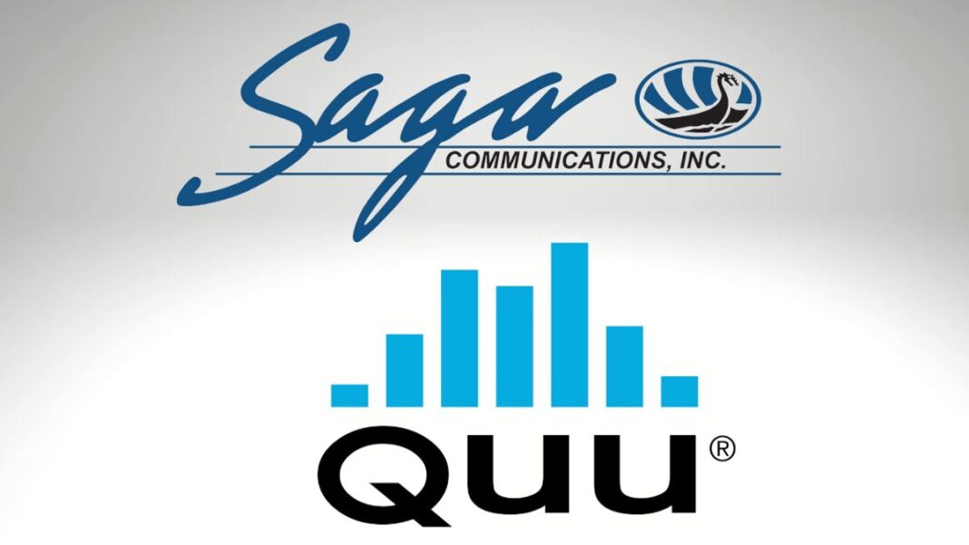 Logos for Saga Communications and Quu