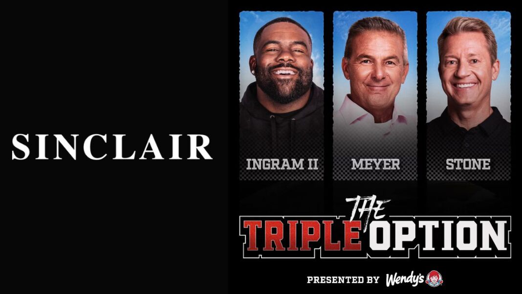 Logo for Sinclair Broadcast Group and a graphic for the Triple Option podcast