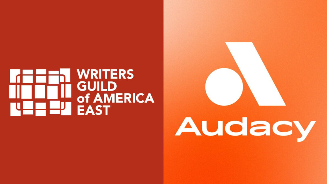 A photo of the Writers Guild of America East and the Audacy logos