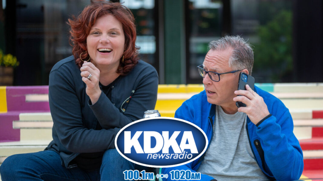 A photo of John Chamberlin and Rachael Rennebeck with the KDKA logo