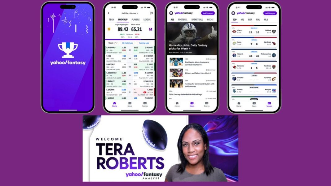 Graphics displaying the new look of the Yahoo Fantasy app and another graphic announcing the addition of Tera Roberts