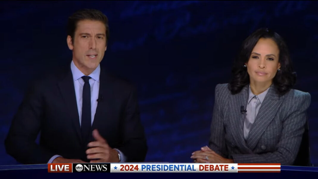 A photo of David Muir and Linsey Davis during the ABC News Presidential Debate