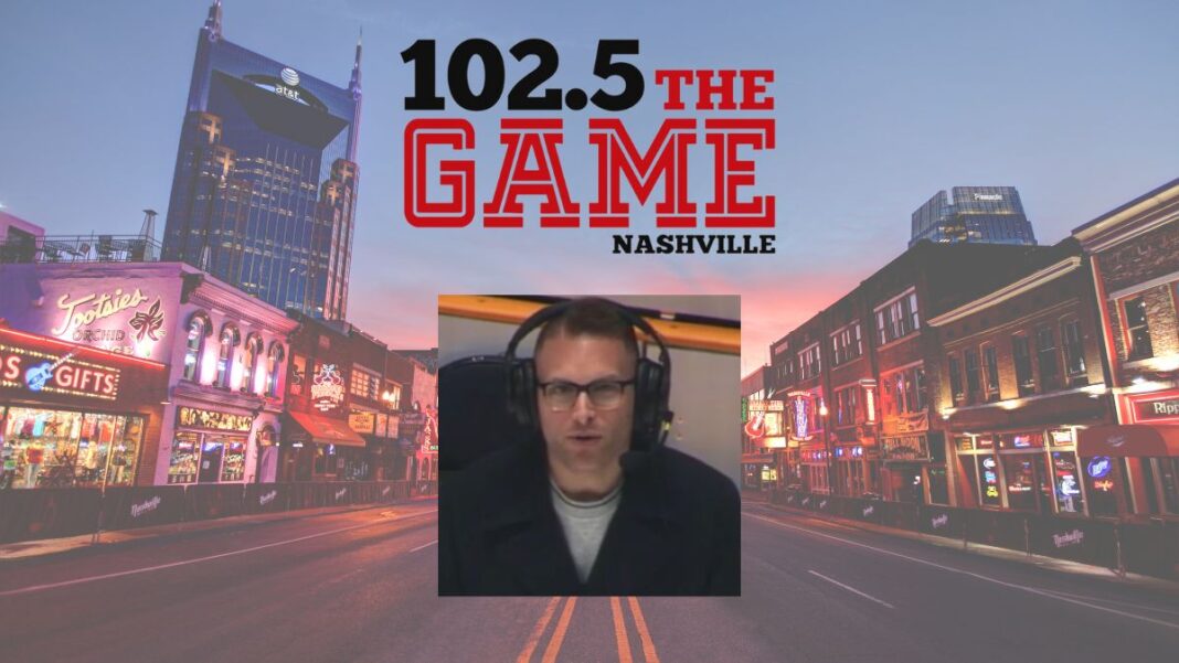 Photo of Nashville with a logo for 102.5 The Game and a screengrab of new host Adam Vingan