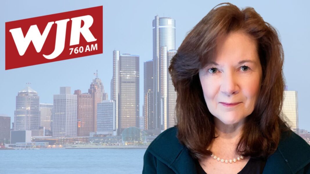 Logo for WJR and a photo of producer Ann Thomas