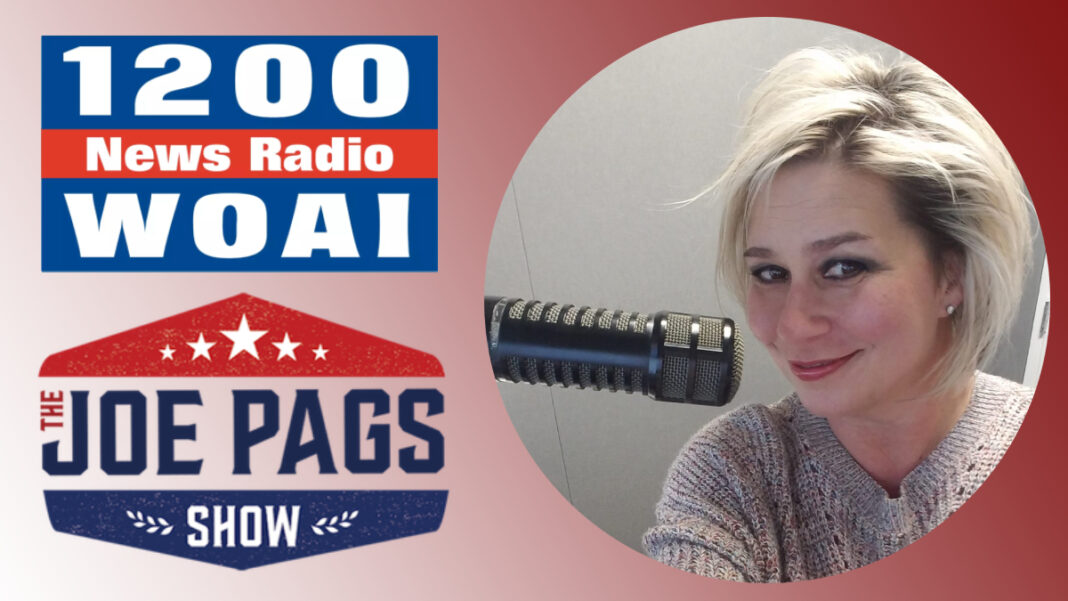 A photo of Cari Laque and the 1200 WOAI and Joe Pags Show logos