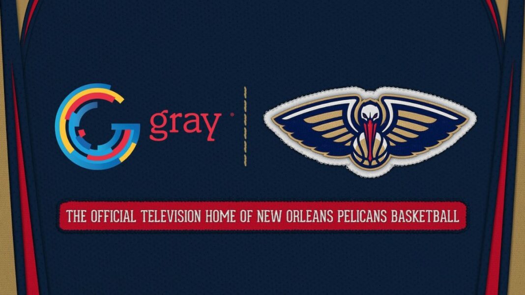 Logos for Gray Media and the New Orleans Pelicans