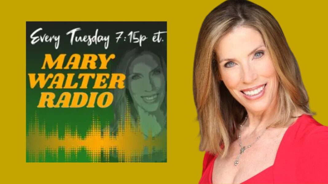 Photo of Mary Walter and a graphic for her podcast