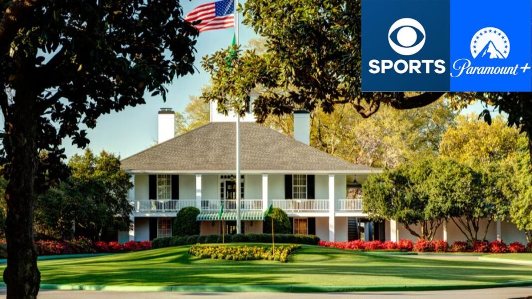 Photo of the clubhouse at Augusta National and logos for CBS and Paramount+