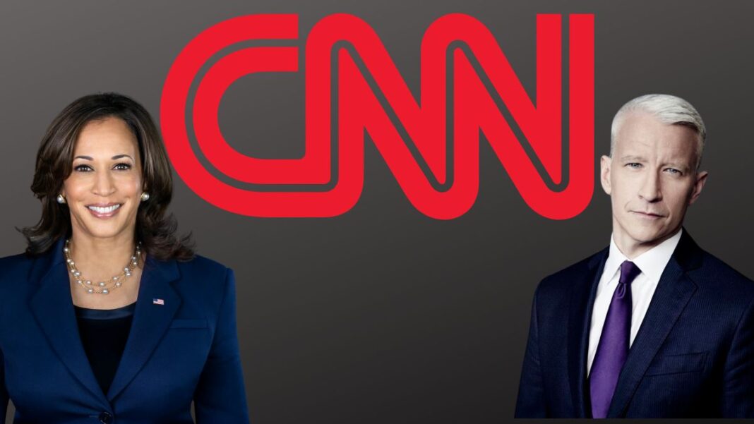 A photo of Anderson Cooper, Kamala Harris, and the CNN logo