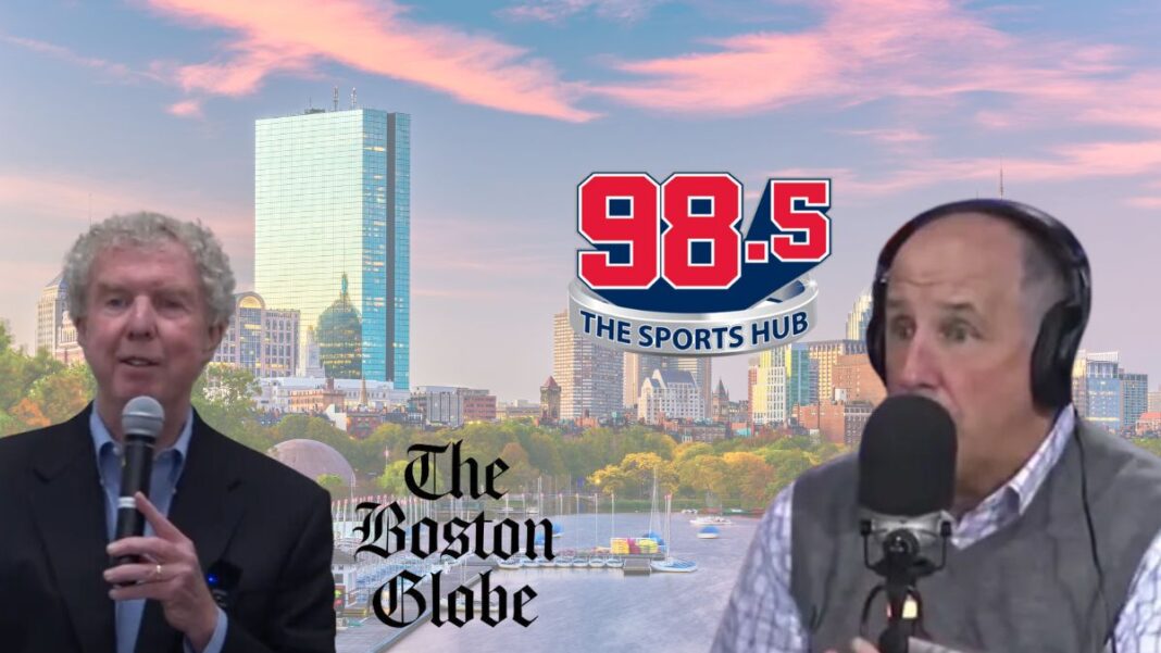 Logos for the Boston Globe and 98.5 The Sports Hub along with screengrabs of Dan Shaughnessy and Tony Massarotti