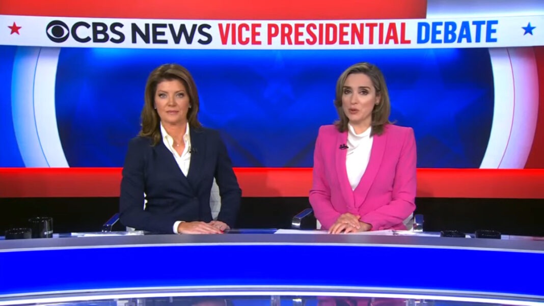 A photo of Norah O'Donnell and Margaret Brennan at the CBS News Vice Presidential Debate