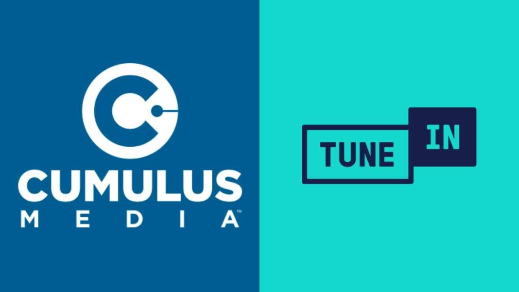 A photo of the logos of Cumulus Media and TuneIn