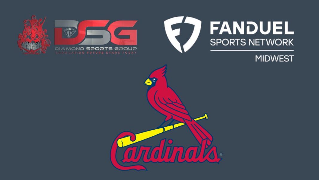 Logos for Diamond Sports Group, FanDuel Sports Network Midwest and the St. Louis Cardinals