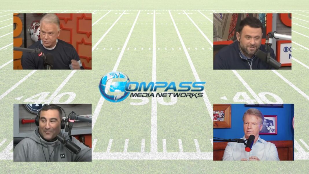 logo for compass media and screengrabs of Boomer Esiason, Phil Simms, Gregg Giannotti and Jerry Recco