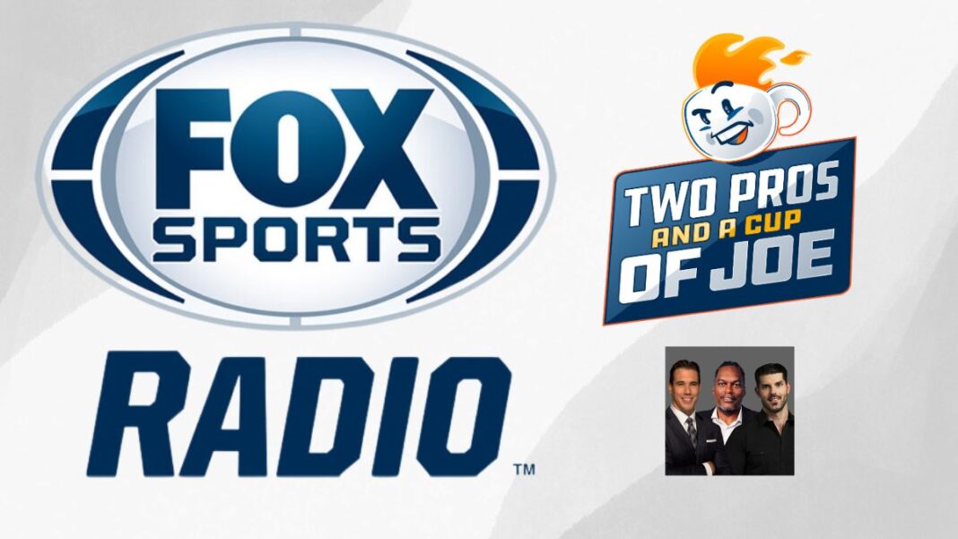 Logos for FOX Sports Radio and Two Pros and a Cup of Joe with a photo of the three hosts