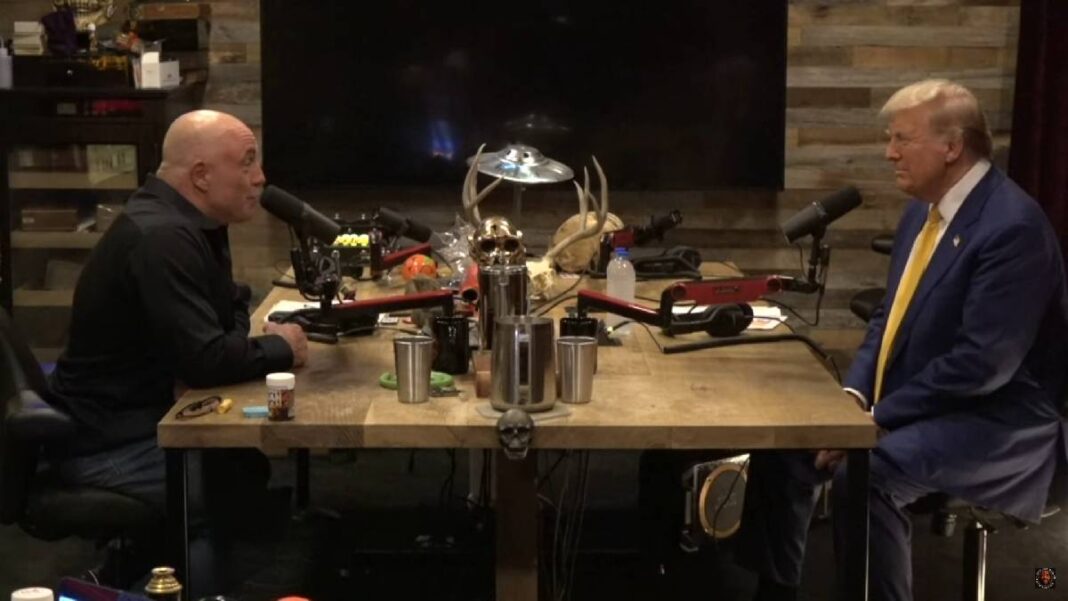 A photo of Joe Rogan interviewing Donald Trump