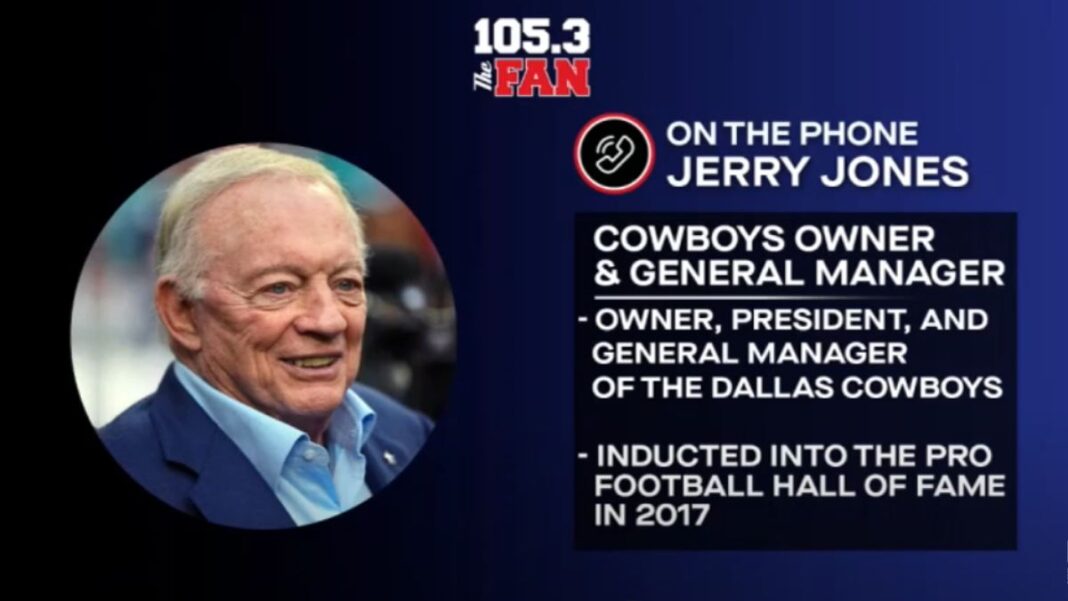 Graphic of Jerry Jones appearing on 105.3 The Fan